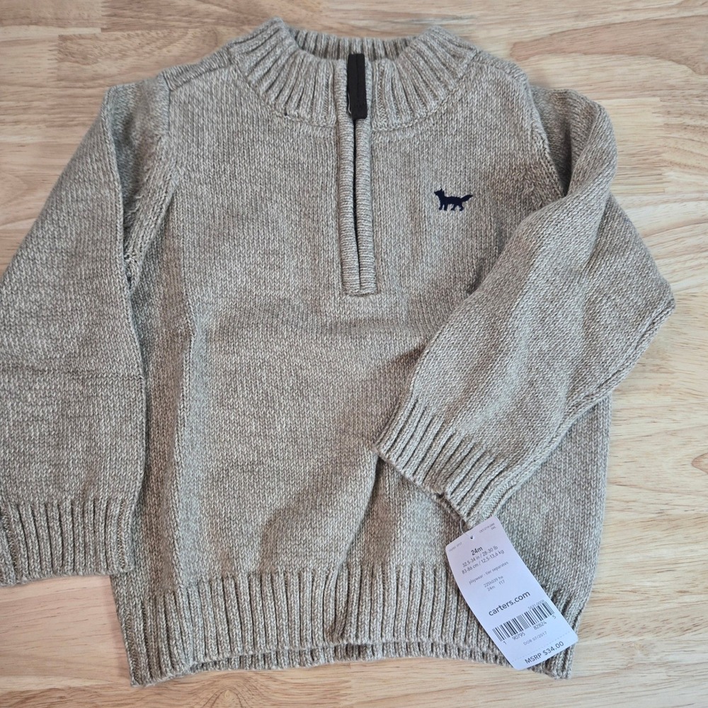 Carters Baby Boys Tan Fox Quarter Zip Mock Neck Knit Sweater 24M New 225h039
